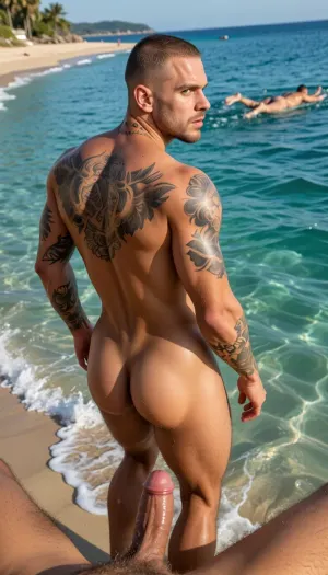 HYPERREALISTIC PHOTOGRAPHIC-STYLE HYPER-DETAILED CINEMATIC PANARANIC VISION WIDE-SCREEN FULL BODY COMPOSITION GOLDEN HOUR GLOW, The most stunningly rugged handsome man imaginable, male 25 year old hairy muscular man with huge humongous very hairy massive beefy pecs, massive huge hairy chested hairy happy trail to pubic hairy, cropped shaved head light blond hair, amazing seductive pale green eyes, plump male lips, facial hair, Latino skin tone, Detailed Tattoos on neck, chest, arms, legs and across top shoulder blades Tattooed. Heavily tattooed, looks rugged but Beautifully handsome his firm heart-shaped glutes ass in full view, walking into a calm pure aqua sea up to waist vuiw from behind he looks slightly over his shoulder as he walks away from camara into the aqua sea waist deep, a secluded stunning beach, gentle aqua waves wet skin making his tattoos the golden light making his skin glow, Best camera angle, his impressive tattoos prominently displayed and looking amazing, natural brown large penis, his hair firm heart-shaped glutes prominent firm buttocks defined full back vuiw perfect muscular ass in sea face down flat on front doing swimming breast stroke ass looking amazing as he swimming drone view downwards sucks the cock of the other muscular man on the beach POV wa King his own cock same time