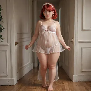 crossdresser, His face is 45 years old, His face is that of a mature man, He has Russian eyes, red hair, He is chubby, He is standing, He is shown in full height, You can see his penis through his underwear, sissy style