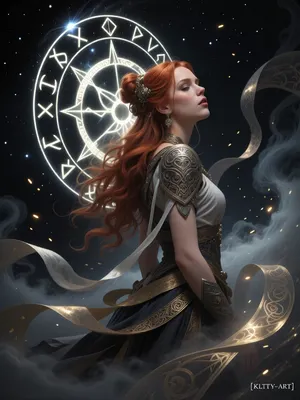 [KTA], (Dark Fantasy Artwork), luminous shadow, artistic, low angle, side view, body, 25yo, belle caucasian redhead female, elaborate hairstyle, intricate clothing, ancient circular runic emblem, glowing white runes, inscribed on a mystical dark celestial background, floating in a cosmic void, surrounded by swirling ethereal nebula clouds and light dust particles, soft volumetric lighting, mysterious atmosphere, germanic mythology aesthetic, intricate runic carvings, glowing white light, dark mood, deep shadows, high contrast, ethereal, mystery, mystical fog, gleaming ghostly gold, epically atmospheric fog, ribbons, natural beauty, [KlTTY-ART]