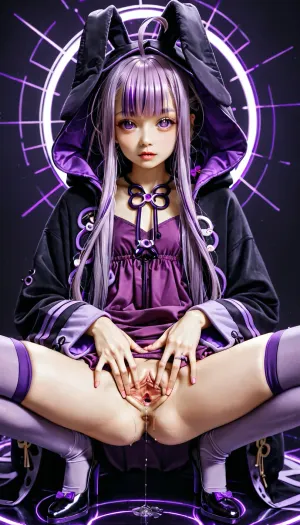 Adult pornstar, adult pornactress doing a porno scene, (p_, (tidoriashi), , , aroused face, full body, clothes pull, wide spread legs, spread pussy, pussy juice drip, ultra skinny:1.2), (Yuzuki Yukari, p_, (tidoriashi), distinctive purple hair, medium-length violet hair with long side locks, layered straight hair, soft bangs partially covering the forehead, a small ahoge strand sticking up from the top of her head, purple eyes, characteristic decorative purple circular hair ornament, fair skin, wearing her iconic outfit, dark purple hooded jacket with long sleeves, oversized rabbit-ear hood, elegant purple dress with a high neckline, black accents, fitted bodice, purple thigh-high stockings, coordinated dark footwear, distinctive futuristic Japanese vocal synth character design, faithful character appearance, highly detailed clothing, intricate fabric details, recognizable Yuzuki Yukari Design, background japanese Fantasy room)