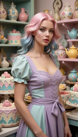A beautiful woman completely integrated into an improbable pastel-colored ceramics bakery. Her hair is styled in waves of matte powder pink and soft blue, and her makeup has delicate porcelain patterns. She wears a structured linen dress in soft lavender and mint. The entire environment is packed with colorful objects, hand-painted ceramic cakes, vibrant clay teapots, and pastel-painted shelves. Cohesive and deeply enhanced soft color palette, realistic matte textures, no oversaturation, warm nostalgic lighting, 8k.