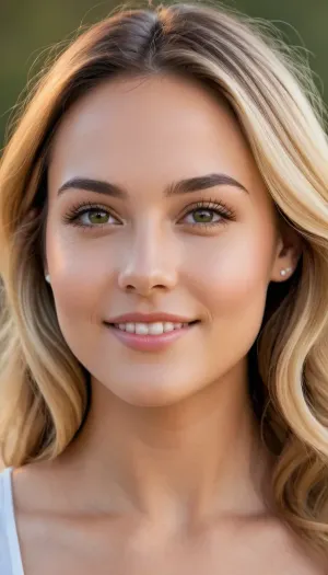 Generate a close-up upper-body portrait of a young, 18-year-old Californian woman. She is a singer-songwriter known for tracks such as "Bubble, " "Falling for You, " "Brighter Than the Sun, " "You Got Me, " "I Do, " "Try, " "Lucky, " and "I Never Told You." She has a soft, slightly oval—ranging from elongated to heart-shaped—face with harmonious, friendly symmetry and contours. Her eyes are hazel to light brown, featuring subtle green-gold facets, they are distinctively almond-shaped. Her nose is relatively narrow, straight, and even, tapering to a slightly rounded tip. She has a wide smile. Her lips are full and evenly curved, with the lower lip appearing slightly fuller than the upper one. Her cheekbones are softly defined. When she smiles, prominent, round "apple cheeks" emerge, giving her a very youthful appearance. Her ears are medium-sized, well-proportioned, and lie flat against the sides of her head. She has a smooth, average-height forehead. Her face is framed by a center part. Her hair is naturally dark blonde with highlights in shades of honey, champagne, and ash blonde, or styled in an ombre effect, the texture is fine to medium, with soft waves and light curls. Naturally, she has light, fine, straight eyebrows. Her mouth is well-proportioned with full lips. She displays a wide, warm, and natural smile. She has softly curved, high cheekbones that lend her face a youthful freshness, especially when she smiles. She has a smooth, medium-high forehead. As a small, distinctive feature, she has a small, elongated, narrow, skin-colored natural birthmark in the center of her forehead, above her nose and eyebrows.