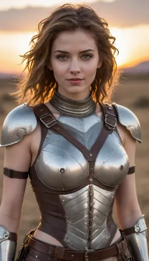beautiful sexy slender young lady, hot sweaty pale white skin, kind soft, flirty eyes, flirty smirk smile, rough tangled hair, solarpunk huntress armour, many straps and buckles, sunset