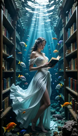 A stunning woman in a flowing white gown reading a book inside a grand, ancient library that is completely submerged underwater. Colorful tropical fish and small sea turtles swim between the bookshelves. Sunbeams pierce through the water from above, illuminating the scene. High detail, ethereal, mystical atmosphere, photorealistic.