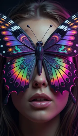 An artistic close-up of a beautiful woman with a giant butterfly resting on her face. The butterfly wings feature complex fractal patterns exploding with psychedelic neon gradients, purples, greens, and hot pinks. Macro photography, vivid fantasy, 8k.