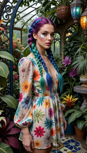 A beautiful woman seamlessly blending into an exotic, highly stylized botanical greenhouse. Absolutely every element is colorful, her long braided hair weaves shades of electric blue, emerald green, and hot magenta, her face is adorned with delicate petal-like makeup in matching colors. She wears a flowing chiffon dress covered in vivid tropical floral prints. The surrounding environment is packed with rare multi-colored flora, painted iron structures, vibrant mosaic floors, and colored glass lanterns. Rich and enhanced organic tones, realistic studio lighting, intricate details, photorealistic.