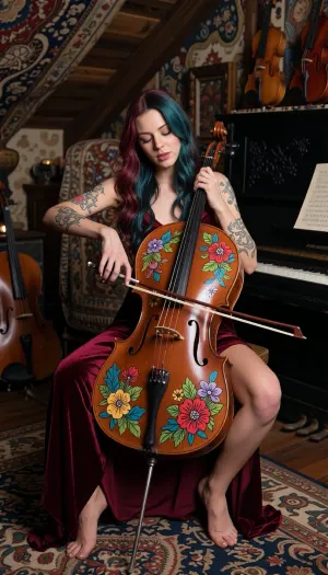 A cinematic shot of a beautiful woman playing a cello in a colorful bohemian attic. Her hair is a beautiful blend of burgundy and deep teal, matching her artistic velvet dress. The cello, a grand piano, and several violins in the background are all hand-painted with intricate multi-colored floral patterns that seamlessly match the tapestries on the walls and floor. Deeply enhanced tones, matte finish, rich detailed textures, moody romantic lighting.