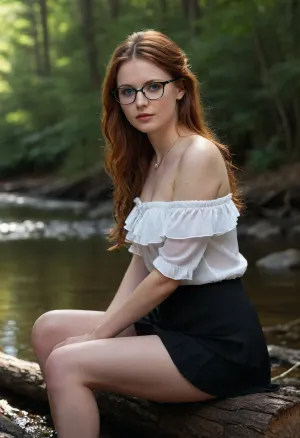 Bella is a pale boyish California babe in her mid 20s. Bella has long auburn hair and blue eyes. Bella is wearing thin wire glasses. Bella has very small round perky breasts with very small dark areola, Bella has a puffy innie pussy, Bella is wearing a delicate silver pendant, Bella is wearing an off-the-shoulder white blouse and a ruffled black miniskirt, Bella has very wet skin, Bella is sitting on log next to a shallow creek in a forest, Bella legs are open and her hand is shyly covering her vagina, dynamic shot, specular lighting, erotic, masterpiece, side view