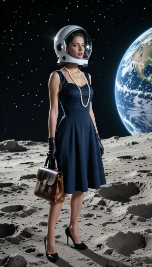 A beautiful woman dressed in a high-fashion 1950s vintage dress and a classic pearl necklace, but wearing a modern astronaut helmet. She is standing on the dusty, cratered surface of the moon, holding a retro leather handbag, looking towards planet Earth in the background. Cinematic lighting, deep space contrast, surrealism, crisp details.
