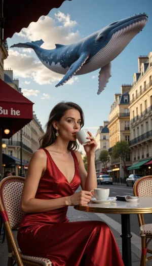 A surreal and cinematic shot of a beautiful elegant woman sitting at an outdoor Parisian cafe, wearing a red silk dress and sipping coffee. In the sky above the city streets, a massive, gentle blue whale floats gracefully through the air. Hyper-realistic, magical realism, warm golden hour lighting, cinematic composition, 8k resolution.