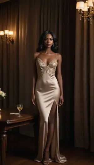 A glamorous dark-skinned woman in an opulent, dimly lit room, leaning elegantly over a polished wooden table while holding a martini glass. She wears elegant, short satin slip dress. The dress is in a soft, muted taupe or light brown color. It features thin, adjustable spaghetti straps that cross slightly at the back. The neckline is a very deep V-shape, adding a touch of sophistication.
The most striking detail is the intricate gold floral embroidery that adorns the dress. The embroidery is concentrated on the lower half of the dress, starting just below the waist and extending to the hem. The floral patterns are delicate and ornate, with leaves, vines, and small flowers in gold thread, creating a beautiful contrast against the taupe satin fabric.
The dress has a slightly flared skirt, giving it a playful yet elegant silhouette. The fabric appears smooth and lustrous, reflecting light subtly. The overall design is a blend of modern minimalism and classic elegance, perfect for a formal event or a stylish evening out. Her long, sleek black hair falls straight down her back. Warm candlelight, crystal chandelier reflections, and heavy draped curtains create a rich, cinematic atmosphere. High fashion editorial style, dramatic shadows, luminous skin, luxurious textures, intimate mood, Vogue-level photography