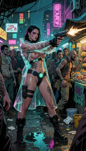 late 1990s American comic book art, gritty cyberpunk satire, a woman in a walking through a chaotic overcrowded night street market in a decaying future megacity.
medium size tits, strong makeup, tattoos, aggressive expression, futuristic chastity belt with blinking lights, thigh gun strap, transparent see-through plastic raincoat, heavy combat boots, gripping a big futuristic handgun.
elite professional handgun firing stance, muzzle flash
crowd of grotesque characterful people panicking, transients with body modifications and tattoos, street vendors selling absurd food, stacked neon signs, cluttered billboards, graffiti, hanging cables, trash, rain puddles, her naked body under the raincoat is the only pristine thing in the scene, (dense background detail full of sight gags:1.2), bold brush inks, heavy spot blacks, fine crosshatching on faces and fabric, lightly caricatured realistic anatomy, early digital coloring with smooth gradients and glows, sickly green and murky purple base tones with neon magenta, cyan and toxic yellow light