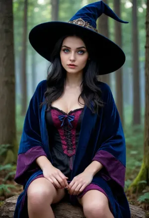 wizard school, (masterpiece), perfect anatomy, intricate, (highly detailed), masterpiece, photorealistic, cinematic lighting, shading, super detailed skin, (beautiful detailed eyes:1.3), best quality, ultra-detailed, (illustration), expressive eyes, perfect face, 1 woman, witch, Oversized dark velvet robe and hat, black cat, black hair, deepl blue eyes, cute tall, (Enchanted forest background), sitting on toadstool
