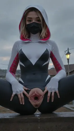 masterpiece, best quality, high resolution, hires, score_9, score_8_up, score_7_up, score_6_up, rooftop setting, dark twilight, dark clouds, (tough and relaxed:1.4), (spider girl Gwen Stacy), (tight outfit), (athletic physique:1.25), (hip gap:1.3), (wide hips:1.3), (clubfoot), (narrow waist), (view from side), (hyper massive ass), wet, (shining tight bodysuit:1.5), bodysuit gloves, 1girl, (huge thighs:1.143), (leg flex:1.3), hood up, (((full spidergirl face mask))), (large spider goggles over eyes), head tilt, (cameltoe), small breast, (high detail facemask), dim ambient streetlights, warm glow, (chiaroscuro lighting:.3), 20 year old girl, photorealism, chested, Ultra detailed RAW color photography, highly detailed, high level of detail, (skinny:1.5), small waist, small hips, tiny ass, round tits, ((perfect fingers, perfect hands, perfect skin)), ((hyper gaping pussy, hyper gaping vagina, maigre, musclé, seins visibles, pussy visibles, big clitoris visibles, seins nus, HDR pussy, hyper spread pussy, doing standing gymnastics, hyper pussy juice dripping:1.2)), (perfect adult body proportions), Real, photorealistic, hi-detaild, 8k, pussy dripping, pussy dripping semen, (spread pussy:1.5), hi-detailed pussy, perfect pussy, <lora:Spider-Gwen:2>, <lora:EnvyBeautyXL02:2>, <lora:mk_Bp Anime_xl:2>, <lora:EnvyAnimeDigitalPaintingXL01:2>, <lora:ratatatat74-000050:2>