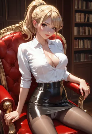 beautiful sexy slender 20 year old blonde woman posing in a leather chair, fancy library background, white button up shirt tied, black micro skirt, white panties, no makeup, Brown eyes, ponytail, 3/4 view, pantyhose