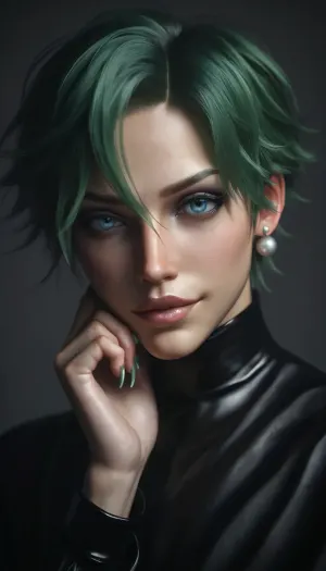 portrait showing, At 24 years old Krowly is one tall greenhaired boy, he is youthful and his short hair is dark metallic-green, Focus on his bright blue eyes. Krowly has a long lean torso and a slender skinny bodyshape. Krowly is unexperienced and has no clue that girls adore his androgynous grace. Very full bimbolips, shy smirk. Very female face on his male bodyshape. pearl earring, long frenchnails close_up_detailed_shot_of1, CGSTYLE, <lora:CgiAnime:1.4>, <lora:dark:.3>