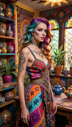 A breathtaking cinematic photograph of a beautiful woman completely integrated into a vibrant, multi-colored maximalist sunroom atelier. Every single element is rich with color, her hair is styled in seamless waves of teal, magenta, and amber, her artistic makeup features geometric patterns matching her hair, she wears an intricate bohemian dress made of patchwork patterns in red, orange, blue, and purple. The entire room is filled with colorful objects, painted wooden shelves, vibrant tapestries, multi-colored potted plants, and ceramic teapots. Cohesive and deeply enhanced color palette, realistic textures, matte finish with no oversaturation, soft daylight streaming through stained glass windows.
