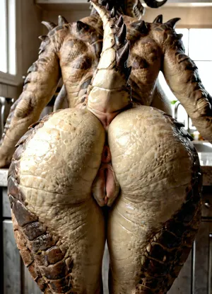 masterpiece, high Quality, Best Quality, realistic, very awa, (masterpiece:1), simple background, hotel kitchen, Solo, ((anthro female, deathclaw from fallout, tail, lizard skin, out of frame)), bent over, bubble butt, massive ass, lean thighs, ass focus, curvy body, dynamic pose, nude, back angle view, (scaly pussy:1.8), (((furry art, anthro woman, gigantic woman))), beautiful composition, intricate detail, intricate details, ultra-HD, high detail, (blurred background), best quality