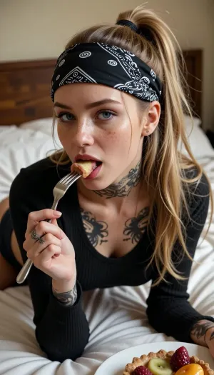 A young woman with long blonde hair tied in a high ponytail, wearing a black bandana with a white paisley pattern across her forehead, fair skin with a dusting of freckles across her nose and cheeks, and piercing blue eyes from Picture 1, featuring heavy tattoo ink wrapping around her neck and jaw. She is sitting up in bed, propped on her elbows, wearing only a black ribbed top and dark bottoms. Her expression is relaxed and teasing, lips slightly parted as she takes a bite of fruit tart, a fork held in her hand, gazing directly at the viewer with a challenging, playful glint in her eyes.

The scene takes place in a bedroom with soft, rumpled white bedding and a wooden headboard in the background. Warm, soft morning light filters through the room, casting a cozy, intimate atmosphere, a medium shot capturing Eve from the waist up, focusing on her face, the fork, and her direct, confident eye contact. Photorealistic digital painting, intricate details, supreme render, cinematic lighting, 4K quality.