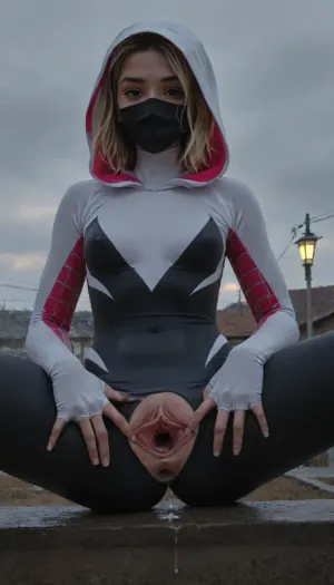 masterpiece, best quality, high resolution, hires, score_9, score_8_up, score_7_up, score_6_up, rooftop setting, dark twilight, dark clouds, (tough and relaxed:1.4), (spider girl Gwen Stacy), (tight outfit), (athletic physique:1.25), (hip gap:1.3), (wide hips:1.3), (clubfoot), (narrow waist), (view from side), (hyper massive ass), wet, (shining tight bodysuit:1.5), bodysuit gloves, 1girl, (huge thighs:1.143), (leg flex:1.3), hood up, (((full spidergirl face mask))), (large spider goggles over eyes), head tilt, (cameltoe), small breast, (high detail facemask), dim ambient streetlights, warm glow, (chiaroscuro lighting:.3), 20 year old girl, photorealism, chested, Ultra detailed RAW color photography, highly detailed, high level of detail, (skinny:1.5), small waist, small hips, tiny ass, round tits, ((perfect fingers, perfect hands, perfect skin)), ((hyper gaping pussy, hyper gaping vagina, maigre, musclé, seins visibles, pussy visibles, big clitoris visibles, seins nus, HDR pussy, hyper spread pussy, doing standing gymnastics, hyper pussy juice dripping:1.2)), (perfect adult body proportions), Real, photorealistic, hi-detaild, 8k, pussy dripping, pussy dripping semen, (spread pussy:1.5), hi-detailed pussy, perfect pussy, <lora:Spider-Gwen:2>, <lora:EnvyBeautyXL02:2>, <lora:mk_Bp Anime_xl:2>, <lora:EnvyAnimeDigitalPaintingXL01:2>, <lora:ratatatat74-000050:2>