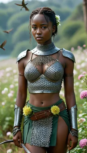 A woman in chain mail, Lupita Nyong’o, combat armor, miniskirt, slender, tanned, gorgeous, slim waist, (large breasts:1.3), cute body, navel, shoulders, flowers and birds, rounded samurai girl, green, eyes, blue, brown, perfecteyes, <lora:Portrait_perfection:.8>, <lora:PerfectEyesXL:.8>, <lora:MJ52:.8>