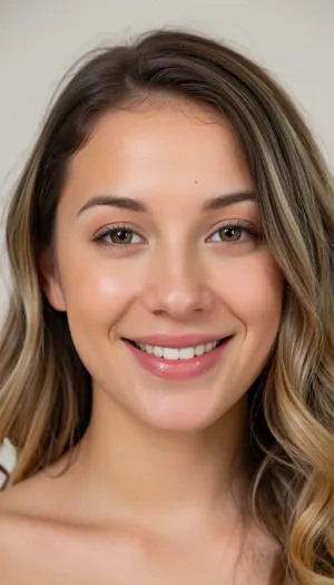 Generate a close-up upper-body portrait of a young, 18-year-old Californian woman. She is a singer-songwriter known for tracks such as "Bubble, " "Falling for You, " "Brighter Than the Sun, " "You Got Me, " "I Do, " "Try, " "Lucky, " and "I Never Told You." She has a soft, slightly oval—ranging from elongated to heart-shaped—face with harmonious, friendly symmetry and contours. Her eyes are hazel to light brown, featuring subtle green-gold facets, they are distinctively almond-shaped. Her nose is relatively narrow, straight, and even, tapering to a slightly rounded tip. She has a wide smile. Her lips are full and evenly curved, with the lower lip appearing slightly fuller than the upper one. Her cheekbones are softly defined. When she smiles, prominent, round "apple cheeks" emerge, giving her a very youthful appearance. Her ears are medium-sized, well-proportioned, and lie flat against the sides of her head. She has a smooth, average-height forehead. Her face is framed by a center part. Her hair is naturally dark blonde with highlights in shades of honey, champagne, and ash blonde, or styled in an ombre effect, the texture is fine to medium, with soft waves and light curls. Naturally, she has light, fine, straight eyebrows. Her mouth is well-proportioned with full lips. She displays a wide, warm, and natural smile. She has softly curved, high cheekbones that lend her face a youthful freshness, especially when she smiles. She has a smooth, medium-high forehead. As a small, distinctive feature, she has a small, elongated, narrow, skin-colored natural birthmark in the center of her forehead, above her nose and eyebrows.