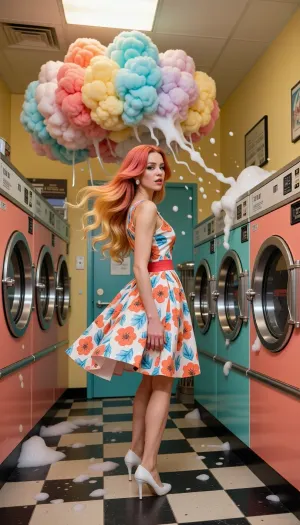 A gorgeous woman posing inside an improbable, highly colorful retro 1950s laundromat. Her hair flows in a smooth gradient of coral and sunshine yellow, and her chic vintage dress matches the pattern. The washing machines, checkered floors, and walls are all styled in integrated shades of coral, teal, and yellow. Massive, fluffy, colorful cloud-like foam spills from the machines, floating in mid-air. Vivid but natural tones, authentic retro aesthetic, cinematic focus.