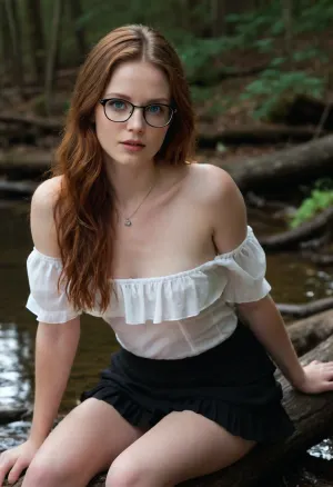Bella is a pale boyish California babe in her mid 20s. Bella has long auburn hair and blue eyes. Bella is wearing thin wire glasses. Bella has very small round perky breasts with very small dark areola, Bella has a meaty outie pussy, Bella is wearing a delicate silver pendant, Bella is wearing an off-the-shoulder white blouse and a ruffled black miniskirt, Bella has very wet skin, Bella is sitting on log next to a shallow creek in a forest, Bella legs are open and her hand is shyly pressed against her vagina, dynamic shot, specular lighting, erotic, masterpiece, below view