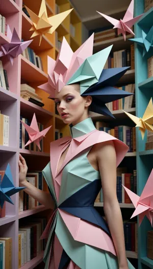 A stunning woman inside an improbable library built entirely from giant, multi-colored origami paper structures. Her hair is styled in sharp, geometric geometric layers of pastel pink, mint, and navy blue. Her structured paper-like fashion dress and makeup match the origami theme. The bookshelves, books, and origami birds flying in mid-air form a continuous, integrated color gradient across the space. Matte finish, highly detailed paper textures, realistic soft shadows.