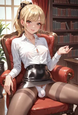 beautiful sexy slender 20 year old blonde woman posing in a leather chair, fancy library background, white button up shirt tied, black micro skirt, white panties, flaccid penis, ((penis bulge)), no makeup, Brown eyes, ponytail, 3/4 view, pantyhose, <lora:bulgev1-beta:1.5>, <lora:cartoon_stickers_xl_v1:.8>
