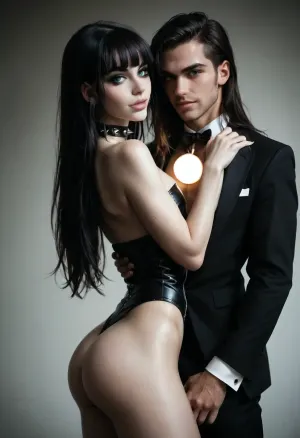 (score_9, score_8_up), masterpiece, (black tuxedo), focus on her flat male chest, (dutch angle, full sideview, showing ass), turning head slightly to viewer, male chest, defined broad shoulders, microwaist, goth, lusty, male cleavage, (gorgeous face with sharp jawline and thick lips, slightly open full lips, white lipstick, lip gloss, long eyelashes, perfect blue eyes), (straight black extra-long hair with full bangs), pale skin, sexy pose, (showing her long giant penis), (skindentation:1), spiked-choker, smile, ziprealism, huge malechest, <lora:Microwaist_XL_v01:.8>, <lora:dark:.8>