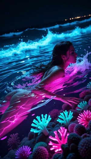 A beautiful woman swimming in a surreal neon ocean at night. The water waves and coral reefs glow intensely with extreme bioluminescence in hot pink, cyan, and deep violet. Dreamlike underwater photography, bright glowing light sources, ultra-detailed.