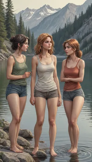 panels comic three girls in lake, they undress, hiking, feed, camp, different hair types, embarrased, <lora:Pencil_Sketch-06R:.8>, pencil, sketch, <lora:sketch_it:.8>, <lora:torino-XL-v2-ep20:.8>