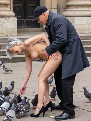 (A 90-year-old woman:1.8), . Her skin is wrinkled. The old lady has gray hair, (small, long, very sagging breasts:1.8), (very detailed skin), . Hair cut in a bob., (Very detailed skin), . An old, wrinkled woman, she is completely naked and wearing black high heels., ((perfect body)), seductive smile, ((high detailed skin)), high quality, detailed skin texture, (highly detailed hair), sharp body, (belly bulge:.8), highly detailed body, (realistic body), ((messy hair like she just got fucked)), insanely detailed, highest quality, Pandeism, mmf, threesome, standing, sex, suspended, congress, boy, sandwich, dp, creampie, multiple, penises, from, behind, anal, masterpiece, best quality, an elderly man wearing a dark grey trench coat, black pants, and a dark cap, bending over to feed a flock of pigeons on a stone-paved square, natural sunlight, soft shadows, outdoor urban setting, old stone steps in the background, realistic photography, highly detailed textures of fabric and feathers, sharp focus, 8k resolution