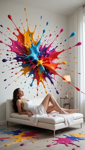 A beautiful elegant woman resting on a minimalist white sofa inside a room where walls and air are filled with floating, exploding splashes of highly saturated paint in the style of abstract expressionism. She wears a white dress. Vibrant colors, dynamic fluid simulation