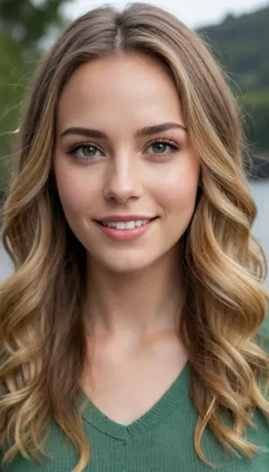 Create a close-up upper-body portrait of a young, 18-year-old Californian woman who is a singer-songwriter. She has a soft, slightly oval—ranging from elongated to heart-shaped—face with harmonious, friendly symmetry and contours. Her eyes are hazel to light brown, featuring subtle green-gold flecks, and are distinctively almond-shaped. Her nose is slender, straight, and even, tapering to a slightly rounded tip. She has a wide smile with full, evenly curved lips, the lower lip appearing slightly fuller than the upper. Her cheekbones are softly defined, when she smiles, prominent, round "apples" of the cheeks emerge, giving her a very youthful appearance. Her ears are medium-sized, well-proportioned, and lie flat against the sides of her head. She has a smooth, average-height forehead framed by a center part. Her hair is naturally dark blonde with highlights in shades of honey, champagne, and ash blonde, or styled with an ombré effect, the texture is fine to medium, with soft waves and light curls. Naturally, she has light, fine, straight eyebrows. Her mouth is well-proportioned with full lips, and she displays a wide, warm, natural smile. Her high, gently curved cheekbones lend a youthful freshness to her face, especially when she smiles. She has a smooth, medium-height forehead and a small, distinctive natural beauty mark centered just above the bridge of her nose.