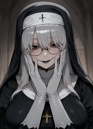 (Ratatatat74), (nun, (large round glasses), white hair, hair over eyes, dull lifeless eyes, cold black eyes, gloomy eyes, eye bags, black lipstick, sly smile, large breasts, gloves), solo, hands on face, tilting head, looking at viewer, <lora:ratatatat74-000050:2>