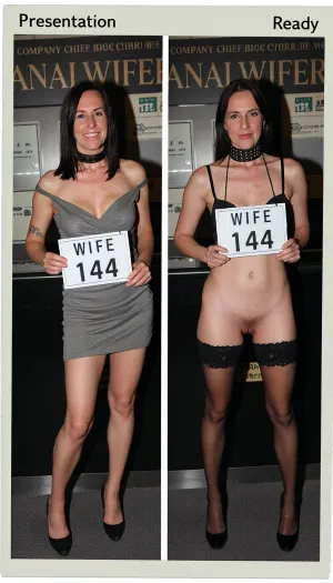 polaroid photo, side-by-side two pictures of the same standing mature slim french gilf 58yo, very sagging skin, (full same body in both pictures), realistic mature skin, woman, medium-lengh straight dark hair, first picture smiling and wearing a sexy everyday dress, in the second picture she is wearing sexy lingerie, pants, bra, stockings, high heels, thick bdsm collar. natural face, In the first picture she is standing and is holding a sign that says "WIFE 144".In the second picture she has hung a sign in her neck that says "WIFE 144" and she has her hands back.Please make an extreme contrast from first picture to second picture. the woman has to be the same woman on both pictures. Background is exactly de same for both pictures, a company chief big office with the word "ANALWIFER" graved on the wall. Her body in both pictures is exactly the same size and form.A caption on the top is written on the first picture 'Presentation'.A caption on the top is written on the first picture 'Ready'.Hard, direct, pop-up style frontal camera flash lighting, creating extreme high contrast between brightly lit foreground subjects and a deeply shadowed, dark background. The skin has a distinct glistening, sweaty-look sheen. Rapid fall-off of light into chaos and darkness in the distance. Retro flash color rendering with harsh highlights and potential red-eye effect, pussy exposed