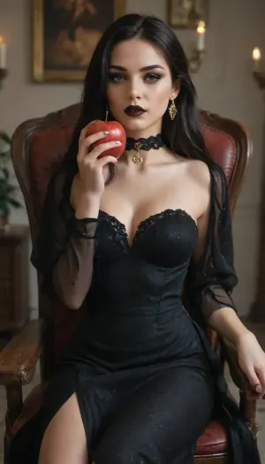 Beautiful russian girl, 24 years old, black head, emerald eyes, long straight hair, black lips, dark makeup, gold earrings, neck choker, wearing black goth dress, sitting on chair in seductive pose, biting red apple
