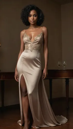 A glamorous dark-skinned woman in an opulent, dimly lit room, elegantly leaning over a polished wooden table while holding a martini glass. She wears an elegant, floor-length, flowing satin slip dress. The dress has a soft, muted taupe or light brown color. It has thin, adjustable spaghetti straps that cross slightly on the back. The neckline has a very deep V-shape and reaches below her belly button, giving the dress a touch of sophistication. Her back and the sides of her upper body are completely devoid of fabric and thus naked. The dress has a back and side-free design. It also has a very high and very wide skirt slit that starts at the level of her left waist and diagonally across her hip, lap, pubic area, which is completely exposed with every step and every slightest movement of her legs and is completely naked so that everyone has her, large, black-haired, very densely hairy pubic mound/pubic mountain/pubic triangle and her very densely hairy pussy can see completely and continues down to her right foot to the floor. Which gives the dress a certain sophistication and extravagance. In addition, it consists of a delicate almost transparent, transparent, gaze and translucent satin that makes her entire silhouette shimmer through the dress. Her natural, slightly drooping breasts completely fill the very tight and extremely narrow top that only covers her large areolas and nipples, so that her top is stretched very taut under her breasts and her areolas and nipples press through the fabric of the dress, leaving a distinct imprint. The man can see her breasts almost completely from the sides and in the middle in her extremely deep and extremely wide neckline, as her top only covers her nipples. The most striking detail is the elaborate golden floral embroidery that adorns the dress. Embroidery focuses on parts of the top at the edges of the dress that run diagonally and reach the hem. The floral patterns are delicate and ornate, with leaves, tendrils and small flowers in gold threads that contrast beautifully with the taupe satin fabric.
The dress has a slightly flared skirt that gives it a playful yet elegant silhouette. The fabric appears smooth and shiny and reflects light discreetly. The overall design is a mixture of modern minimalism and classic...