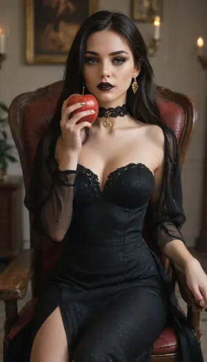 Beautiful russian girl, 24 years old, black head, emerald eyes, long straight hair, black lips, dark makeup, gold earrings, neck choker, wearing black goth dress, sitting on chair in seductive pose, biting red apple