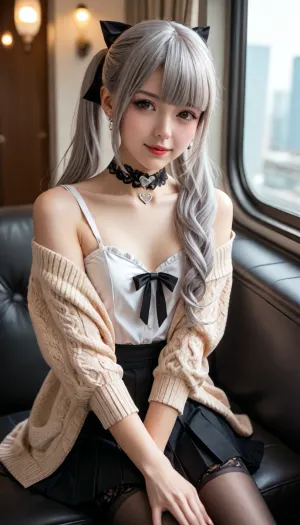 **Silver-White Dark Coquette Cosplay Girl — Realistic 3D**

A beautiful adult East Asian cosplay model in her mid-twenties, blending realistic Japanese cosplay photography with gothic-coquette and kawaii E-girl aesthetics. Delicate natural facial features, expressive dark brown eyes, subtle eyeliner, rosy cheeks, glossy pink lips, and a confident yet slightly shy expression. Petite figure with a naturally flat chest.

**Hairstyle, ** Extremely long, silky silver-white hair styled into two high twin ponytails flowing past her waist. Each ponytail has an oversized black satin ribbon bow with long flowing tails. Straight bangs, soft face-framing strands, voluminous waves, realistic individual hair fibers, and beautiful silver highlights. Both ponytails and bows clearly visible.

**Cosplay outfit, ** An elaborate black gothic-coquette cosplay costume featuring a fitted satin top with delicate lace trim, a short pleated black skirt, sheer black tights, an elegant off-the-shoulder cardigan, a velvet choker with a silver heart pendant, decorative ribbons, silver jewelry, and intricate costume details. Stylish, slightly daring, sophisticated, and inspired by Japanese alternative fashion. Realistic fabric stitching, detailed lace, satin reflections, and carefully crafted accessories.

**Scene, ** Sitting beside the window of a modern passenger train, with evening scenery and city lights passing outside. She gently adjusts one of her black hair bows while looking toward the camera with a playful, mysterious smile. Natural posture and candid cosplay-photography composition.

**Visual style, ** Photorealistic adult cosplay model combined with premium semi-realistic 3D rendering. Natural skin texture, realistic facial proportions, detailed hair strands, lifelike fabrics, cinematic window lighting, soft reflections, shallow depth of field, Unreal Engine 5 quality, professional photography, 4K detail.

**Aesthetic, ** Japanese cosplay model, gothic kawaii, dark coquette, silver-white twin tails, oversized black bows, elegant black lace costume, realistic human beauty, cinematic train scene.

**Negative prompt, ** Anime face, cartoon proportions, plastic skin, blurry image, bad anatomy, deformed hands, extra fingers, missing ponytails, missing bows, poorly rendered fabric, text, watermark, logo.