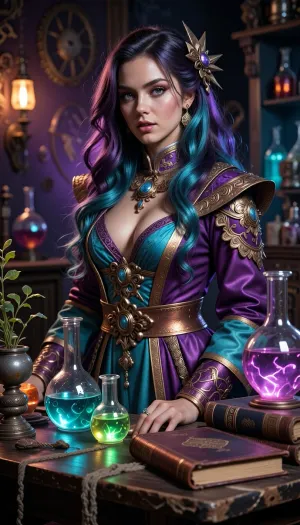 A gorgeous female alchemist in a colorful vintage laboratory. Her hair flows in deep violet and turquoise tones, with metallic copper makeup. She wears an ornate alchemist robe featuring the same color palette. The old wooden tables are filled with colorful glass flasks, glowing non-neon liquids, rare glowing plants, and old leather books completely integrated into the violet, turquoise, and copper scheme. Mystical atmosphere, enhanced realistic details, 8k.