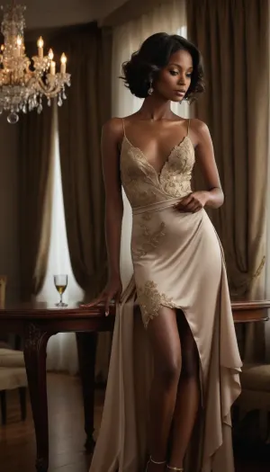 A glamorous dark-skinned woman in an opulent, dimly lit room, leaning elegantly over a polished wooden table while holding a martini glass. She wears elegant, short satin slip dress. The dress is in a soft, muted taupe or light brown color. It features thin, adjustable spaghetti straps that cross slightly at the back. The neckline is a deep V-shape, adding a touch of sophistication.
The most striking detail is the intricate gold floral embroidery that adorns the dress. The embroidery is concentrated on the lower half of the dress, starting just below the waist and extending to the hem. The floral patterns are delicate and ornate, with leaves, vines, and small flowers in gold thread, creating a beautiful contrast against the taupe satin fabric.
The dress has a slightly flared skirt, giving it a playful yet elegant silhouette. The fabric appears smooth and lustrous, reflecting light subtly. The overall design is a blend of modern minimalism and classic elegiance, perfect for a formal event or a stylish evening out. Her long, sleek black hair falls straight down her back. Warm candlelight, crystal chandelier reflections, and heavy draped curtains create a rich, cinematic atmosphere. High fashion editorial style, dramatic shadows, luminous skin, luxurious textures, intimate mood, Vogue-level photography