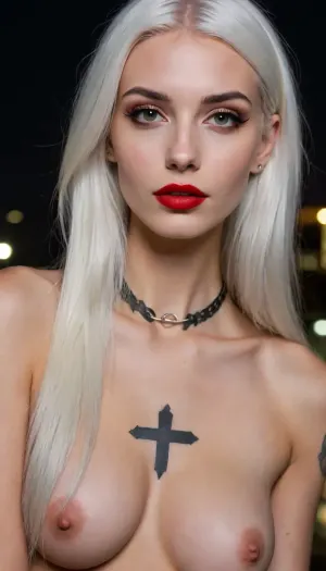 18 years old confident woman, giving a blojob, man has perfect penis, erection, epic penis, cock-sucking, very petite girl, very detailed, (extremely skinny), large boobs, epic boobs, sagging boobs, show tits, 18 year old woman, beautiful face, tall cheekbones, sharp cheekbones, red lips, oiled skin, sharp eyes, v shape face, side view, black eye shadow, black collar, long hair, very white hair, cross tattoo, (nighttime)