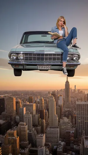 A chic woman in casual clothing sitting on the hood of a vintage 1960s car, reading a book. The car is floating high up in the sky, suspended above a massive modern metropolis during sunset. Surrealism, breathtaking heights, cinematic composition.