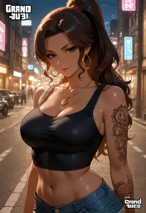 masterpiece, best quality, absurdres, newest, highres, very aesthetic, 1girl, solo, adult, mature female, lucia, (grand theft auto), dark brown hair, wavy hair, long hair, high ponytail, brown eyes, tan skin, athletic, medium breasts, crop top, black crop top, short shorts, denim shorts, gold hoop earrings, necklace, arm tattoo, standing, looking at viewer, slight smile, confident, vice city, neon lights, night, street, cinematic lighting, upper body