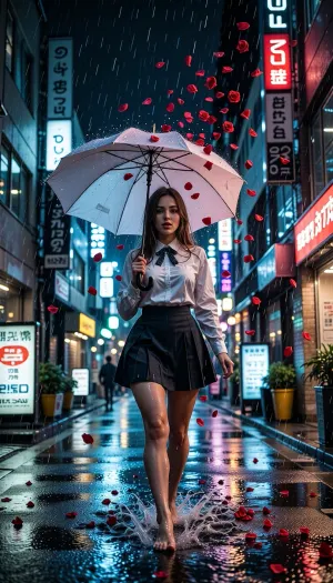 A beautiful woman walking with an open umbrella down a rainy Tokyo street at night under neon signs. Instead of water, thousands of glowing red rose petals are falling from the sky. Cinematic, vibrant colors, emotional and surreal atmosphere.