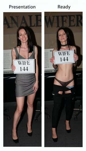 polaroid photo, side-by-side two pictures of the same standing mature slim french gilf 58yo, very sagging skin, (full same body in both pictures), realistic mature skin, woman, medium-lengh straight dark hair, first picture smiling and wearing a sexy everyday dress, in the second picture she is wearing sexy lingerie, pants, bra, stockings, high heels, thick bdsm collar. natural face, In the first picture she is standing and is holding a sign that says "WIFE 144".In the second picture she has hung a sign in her neck that says "WIFE 144" and she has her hands back.Please make an extreme contrast from first picture to second picture. the woman has to be the same woman on both pictures. Background is exactly de same for both pictures, a company chief big office with the word "ANALWIFER" graved on the wall. Her body in both pictures is exactly the same size and form.A caption on the top is written on the first picture 'Presentation'.A caption on the top is written on the first picture 'Ready'.Hard, direct, pop-up style frontal camera flash lighting, creating extreme high contrast between brightly lit foreground subjects and a deeply shadowed, dark background. The skin has a distinct glistening, sweaty-look sheen. Rapid fall-off of light into chaos and darkness in the distance. Retro flash color rendering with harsh highlights and potential red-eye effect.
