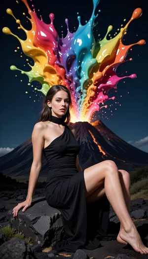 An elegant beautiful woman posing calmly on a dark volcanic rock. She wearing elegant Black Dress. In the background, a volcano erupts, blasting massive fountains of thick, glossy, ultra-colorful neon acrylic paint into the dark night sky. Vivid spectrum, liquid splash texture, high contrast, surrealism.